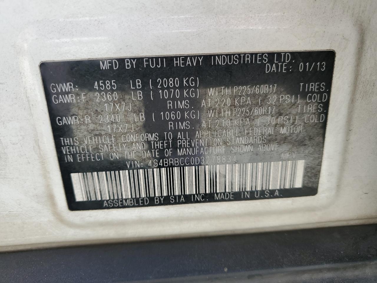 2013 Subaru Outback 2.5I Premium VIN: 4S4BRBCC0D3278834 Lot: 80750055