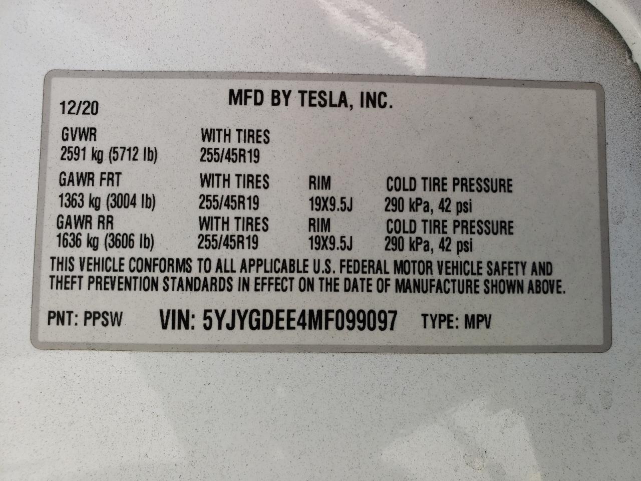 2021 Tesla Model Y VIN: 5YJYGDEE4MF099097 Lot: 72100985