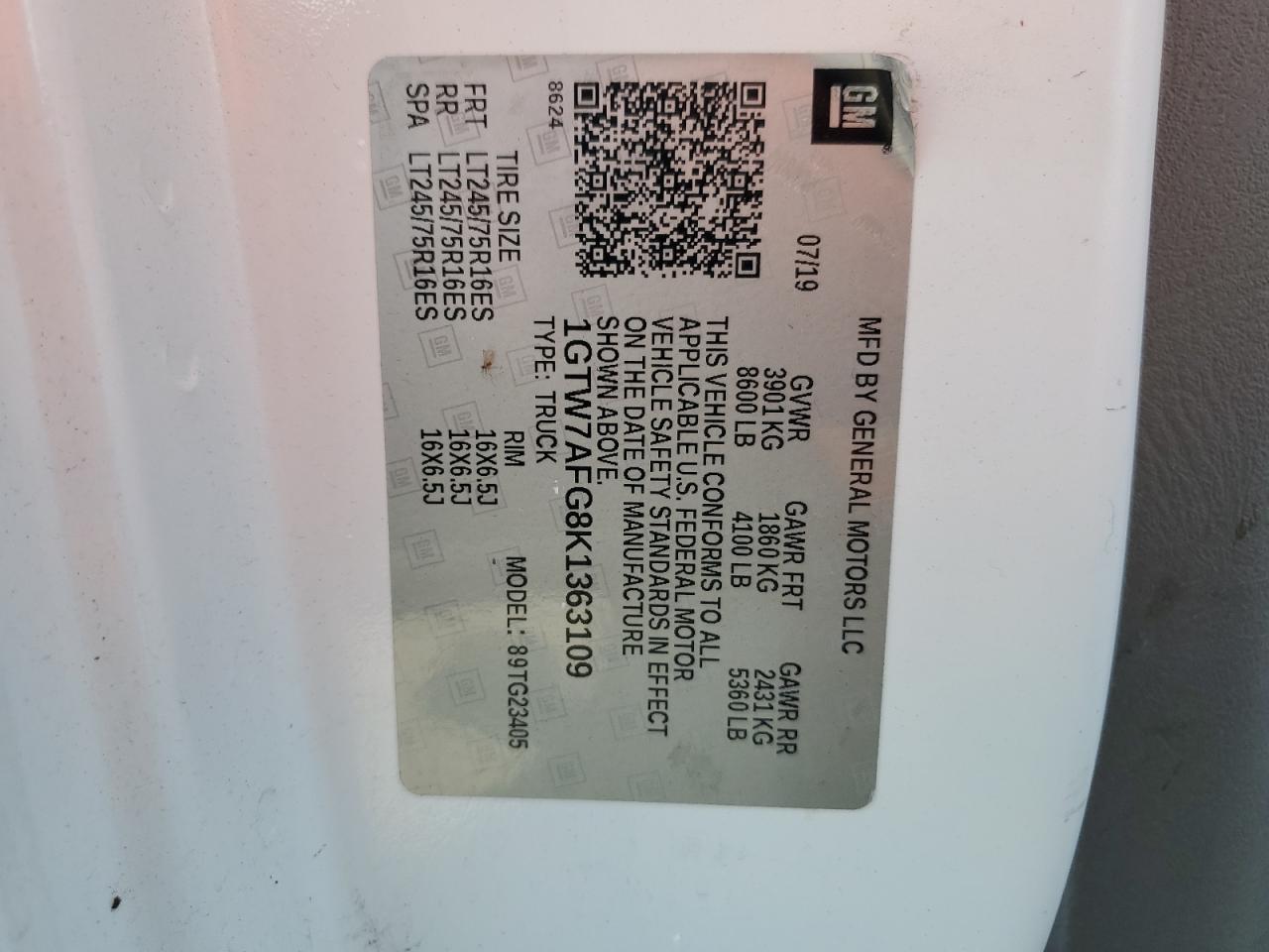 2019 GMC Savana G2500 VIN: 1GTW7AFG8K1363109 Lot: 80285865