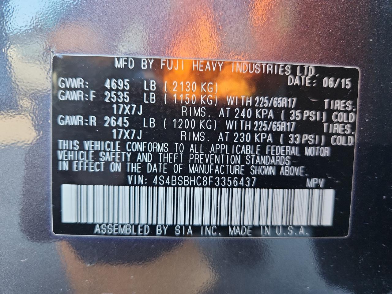 2015 Subaru Outback 2.5I Premium VIN: 4S4BSBHC8F3356437 Lot: 81313005