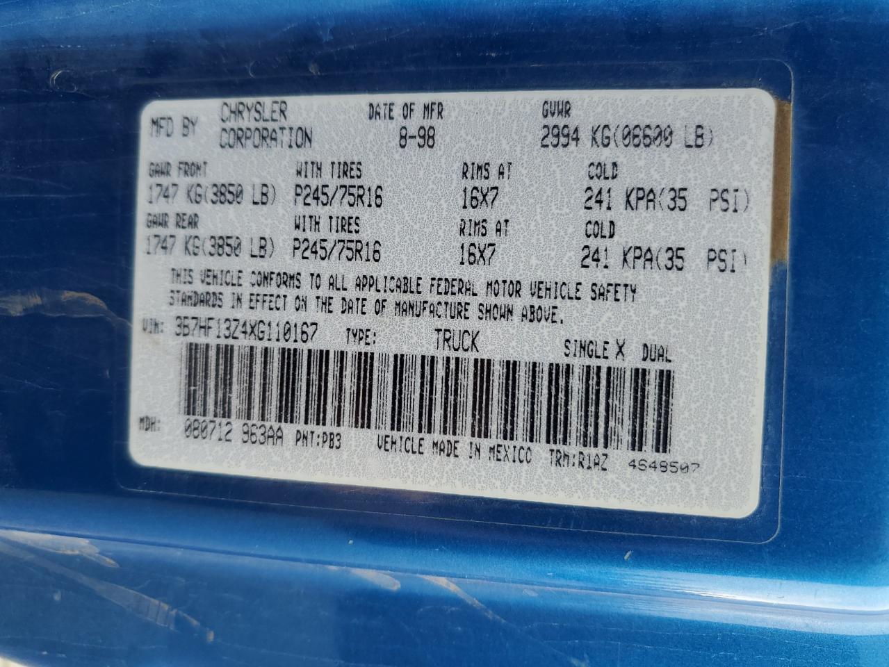 1999 Dodge Ram 1500 VIN: 3B7HF13Z4XG110167 Lot: 71137085