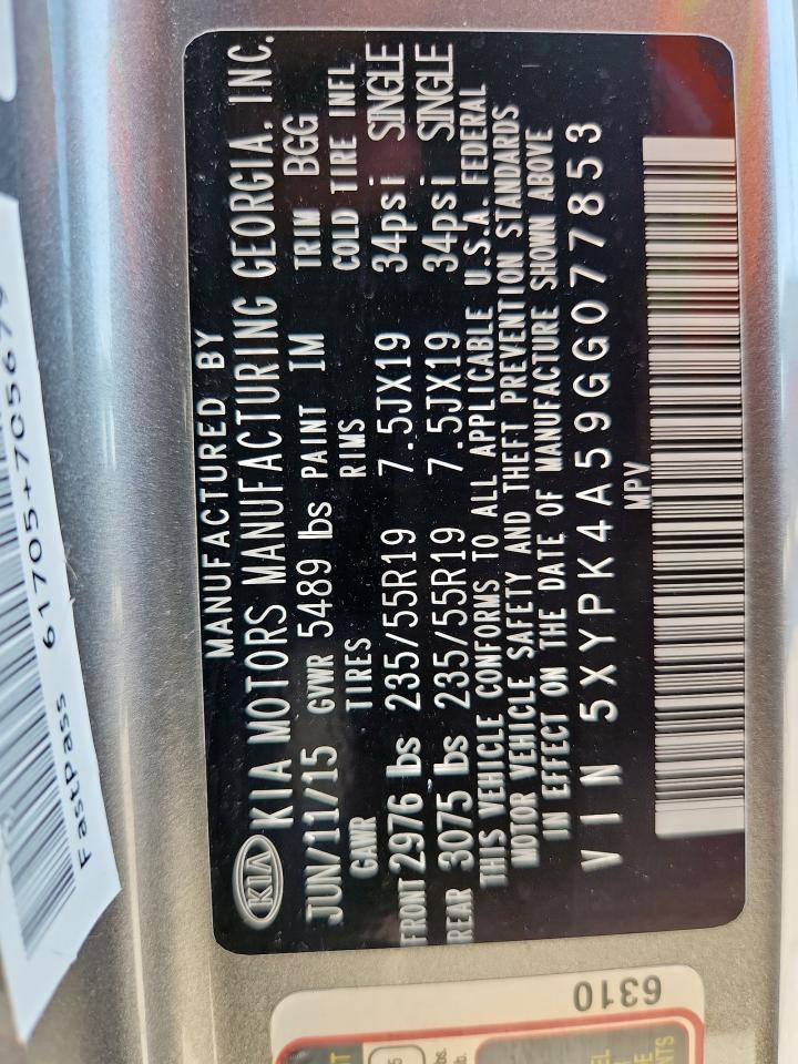 2016 Kia Sorento Sx VIN: 5XYPK4A59GG077853 Lot: 72015775