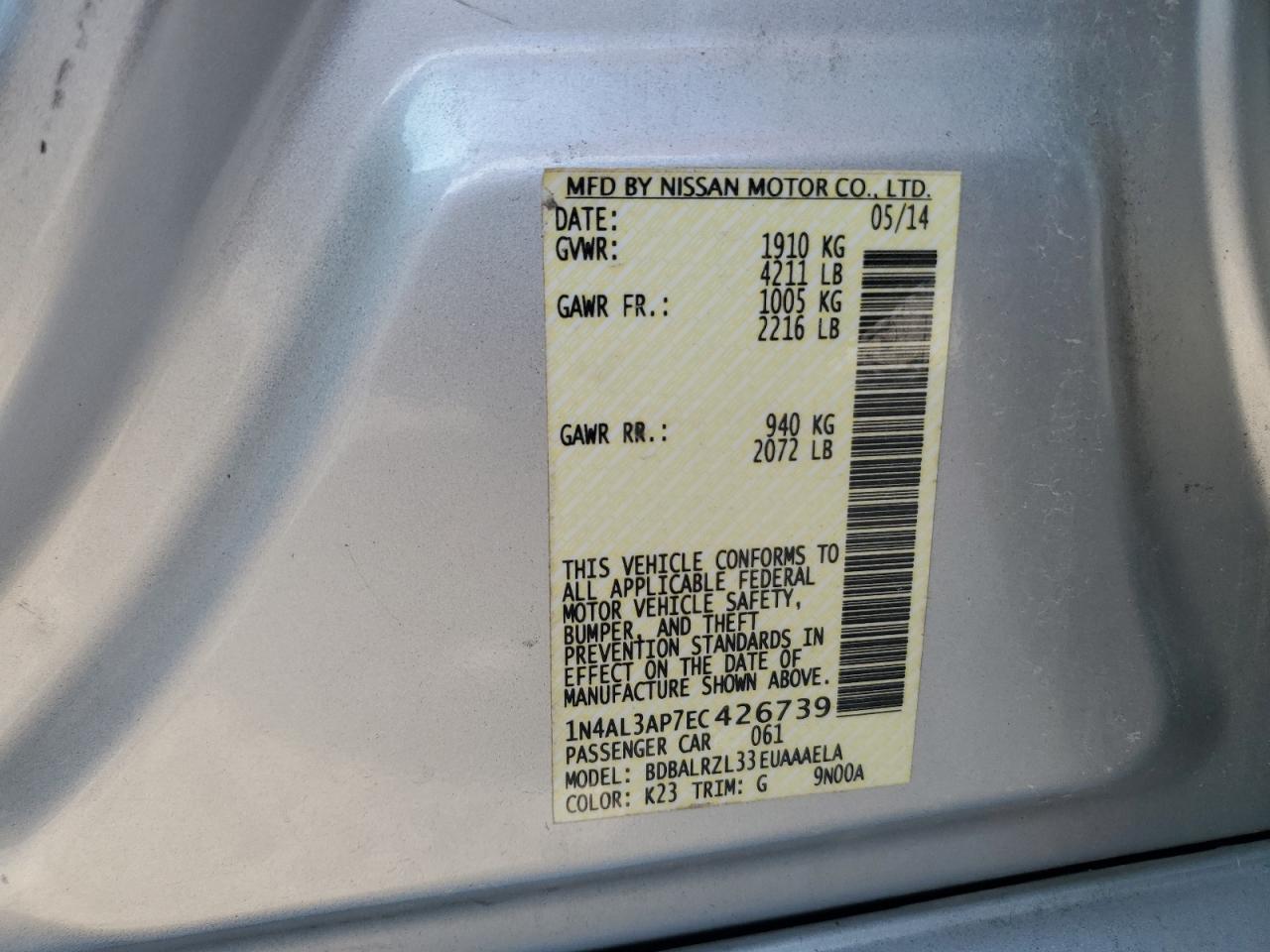 2014 Nissan Altima 2.5 VIN: 1N4AL3AP7EC426739 Lot: 80748575