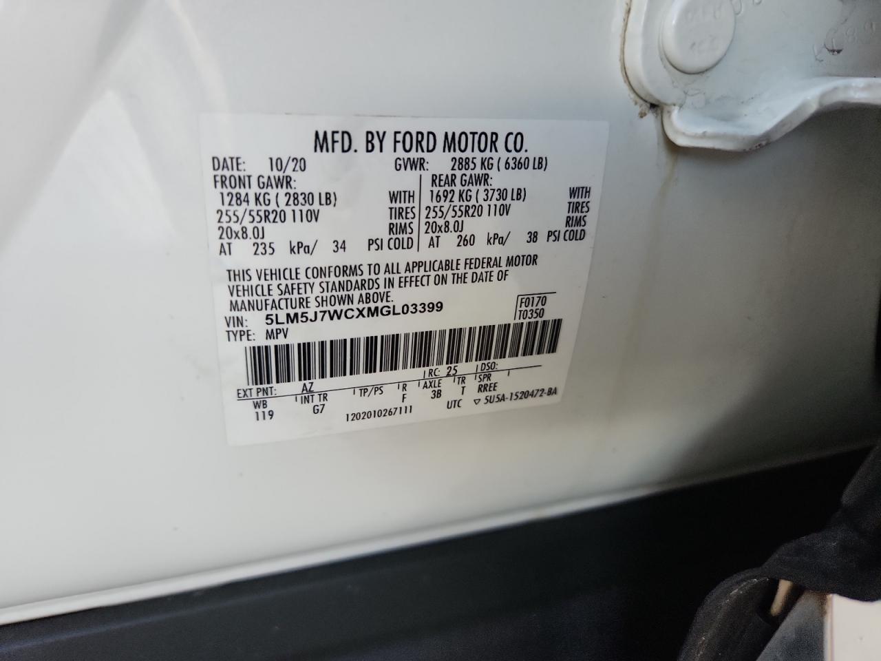 2021 Lincoln Aviator Reserve VIN: 5LM5J7WCXMGL03399 Lot: 80484835