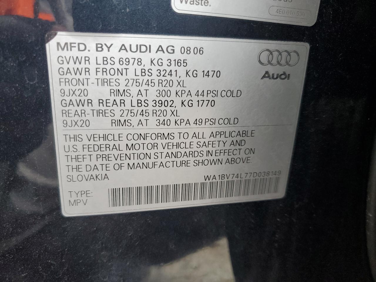 2007 Audi Q7 4.2 Quattro Premium VIN: WA1BV74L77D038149 Lot: 71586655