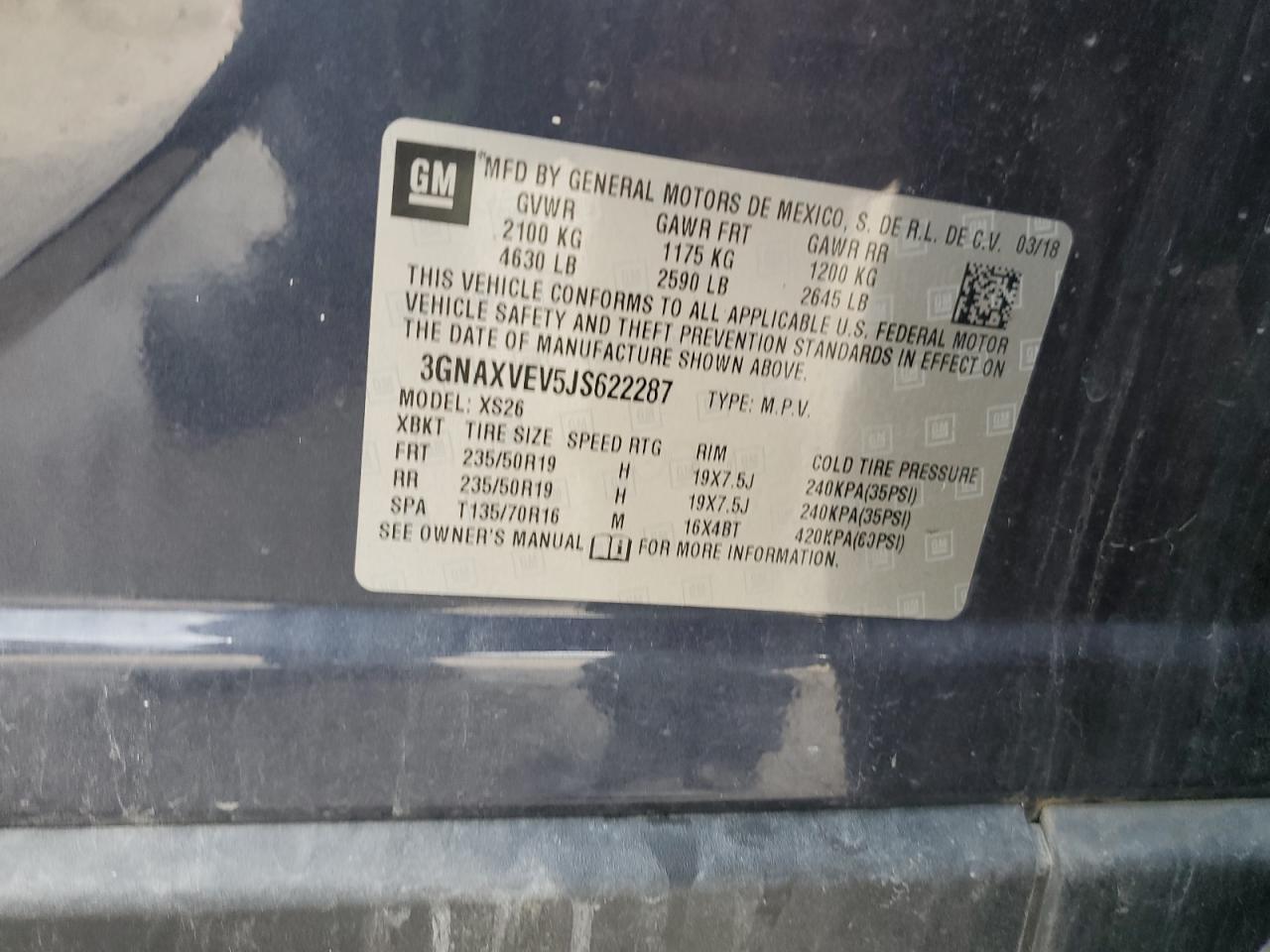 2018 Chevrolet Equinox Premier VIN: 3GNAXVEV5JS622287 Lot: 80082095