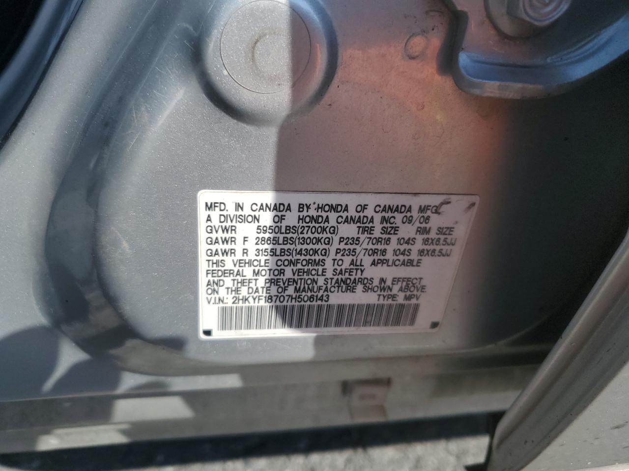 2007 Honda Pilot Exl VIN: 2HKYF18707H506143 Lot: 71450135