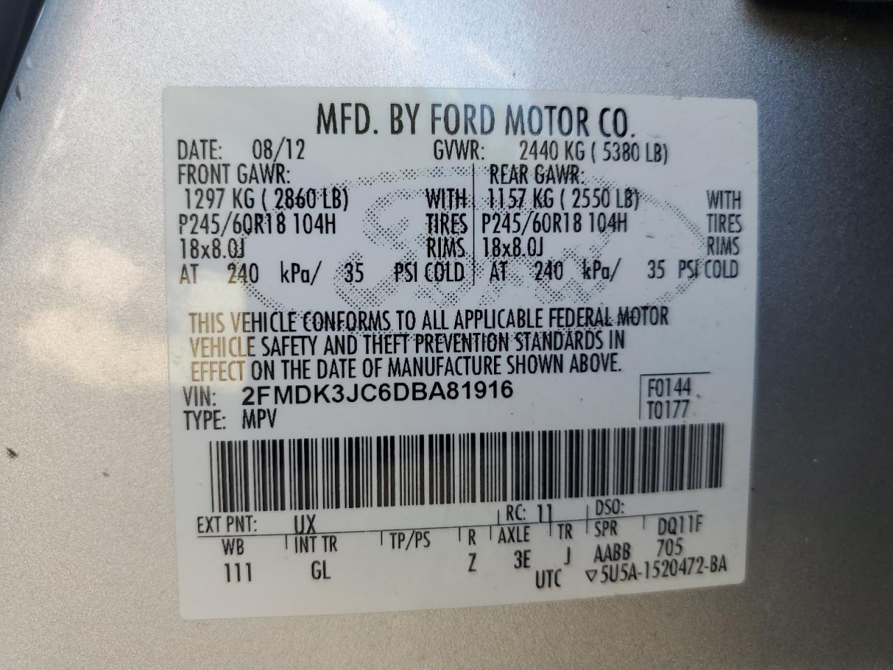 2013 Ford Edge Sel VIN: 2FMDK3JC6DBA81916 Lot: 84453515