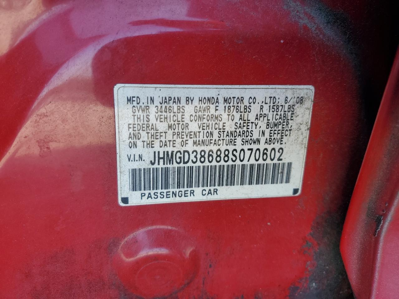 2008 Honda Fit Sport VIN: JHMGD38688S070602 Lot: 81769675