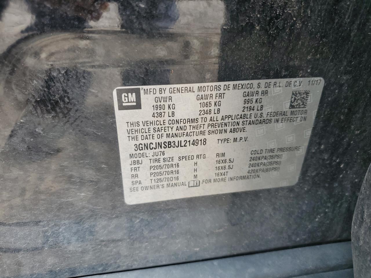 2018 Chevrolet Trax Ls VIN: 3GNCJNSB3JL214918 Lot: 71486645