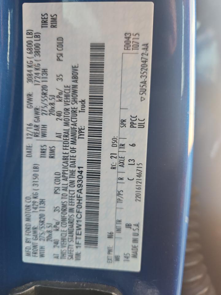 2017 Ford F150 Supercrew VIN: 1FTEW1CF0HFA93041 Lot: 80888865