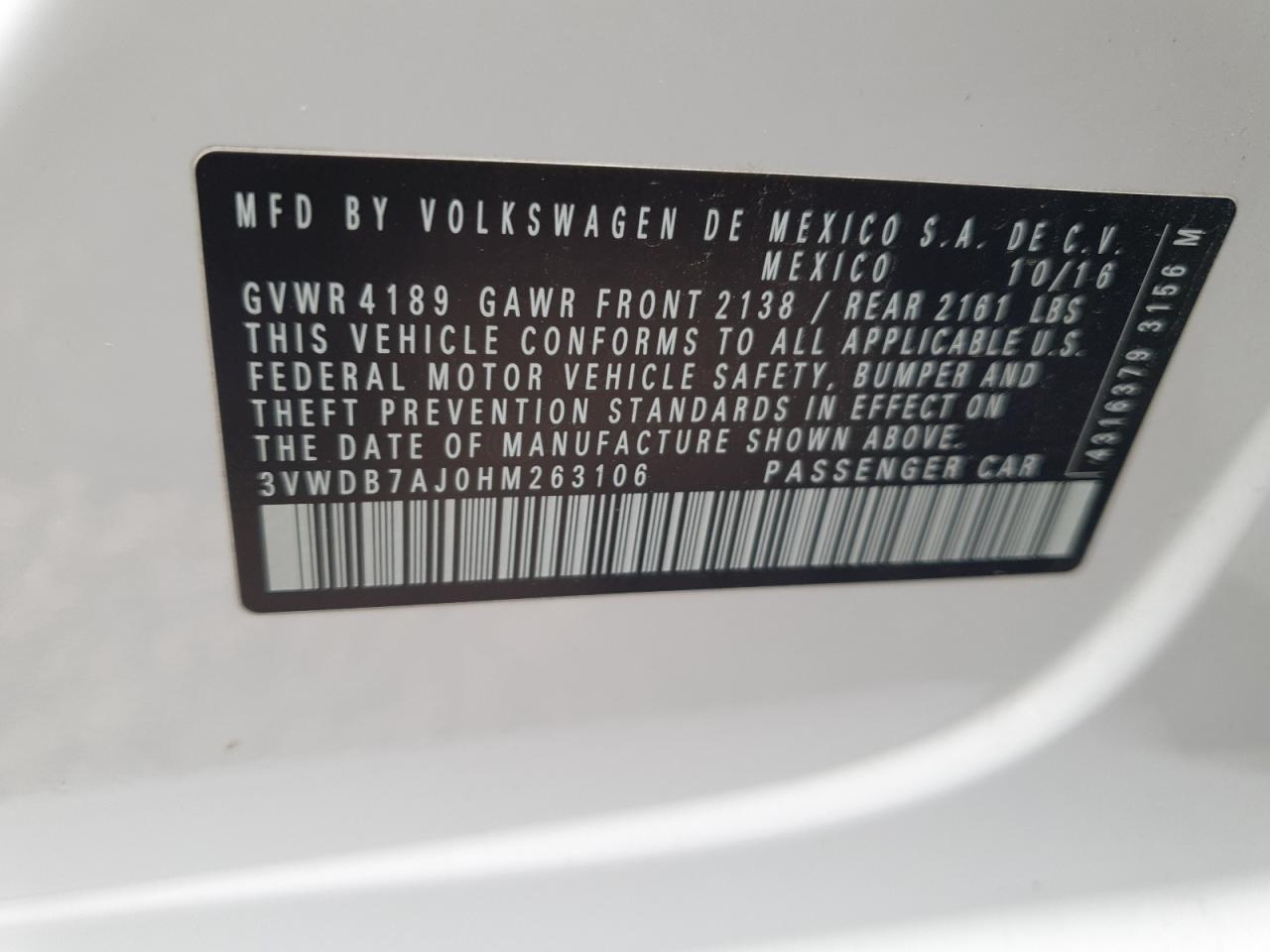 2017 Volkswagen Jetta Se VIN: 3VWDB7AJ0HM263106 Lot: 84365375