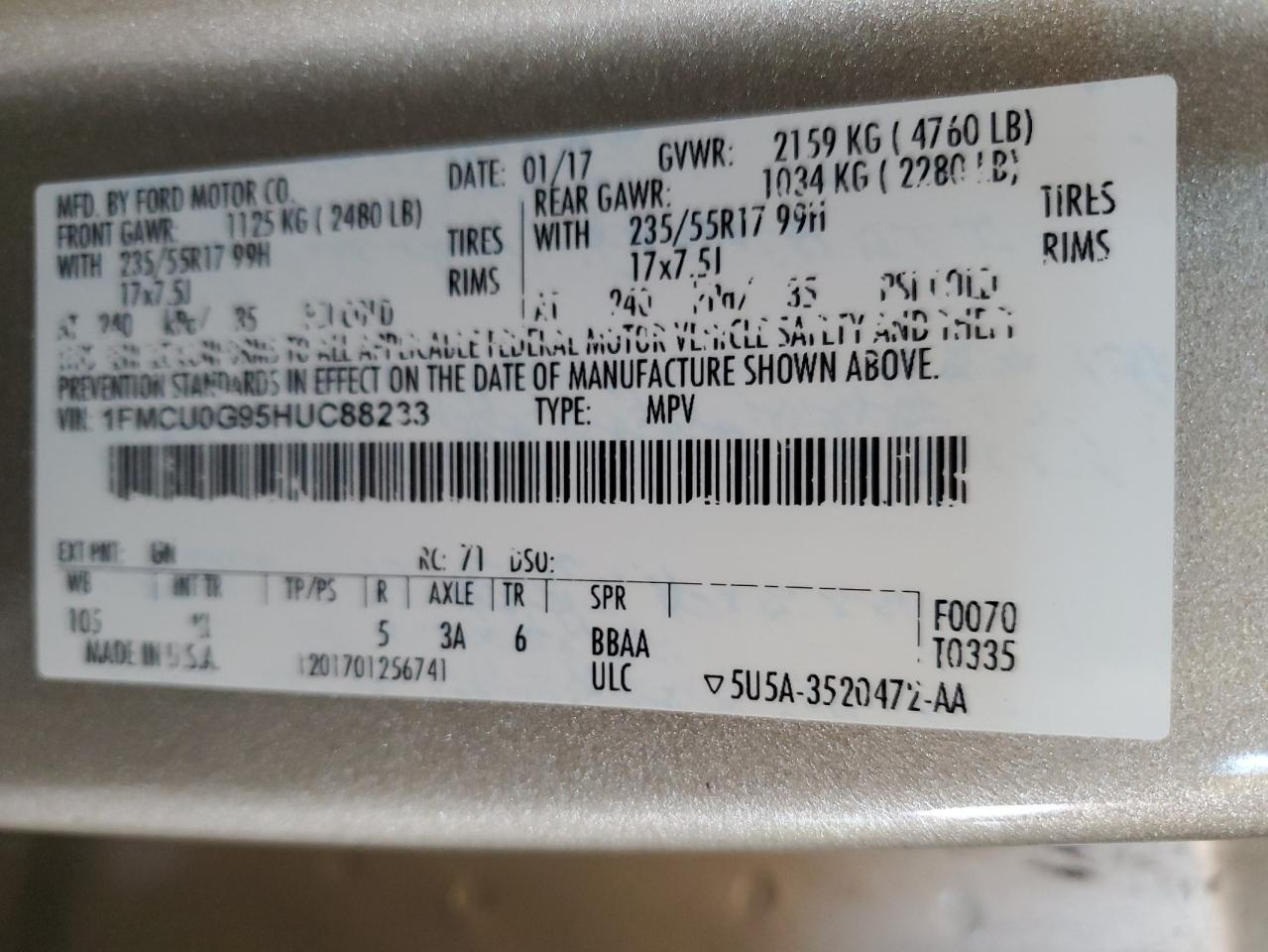 2017 Ford Escape Se VIN: 1FMCU0G95HUC88233 Lot: 82076645