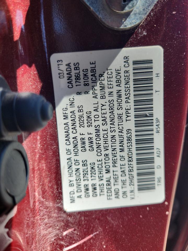 2013 Honda Civic Ex VIN: 2HGFB2F8XDH538639 Lot: 80489675