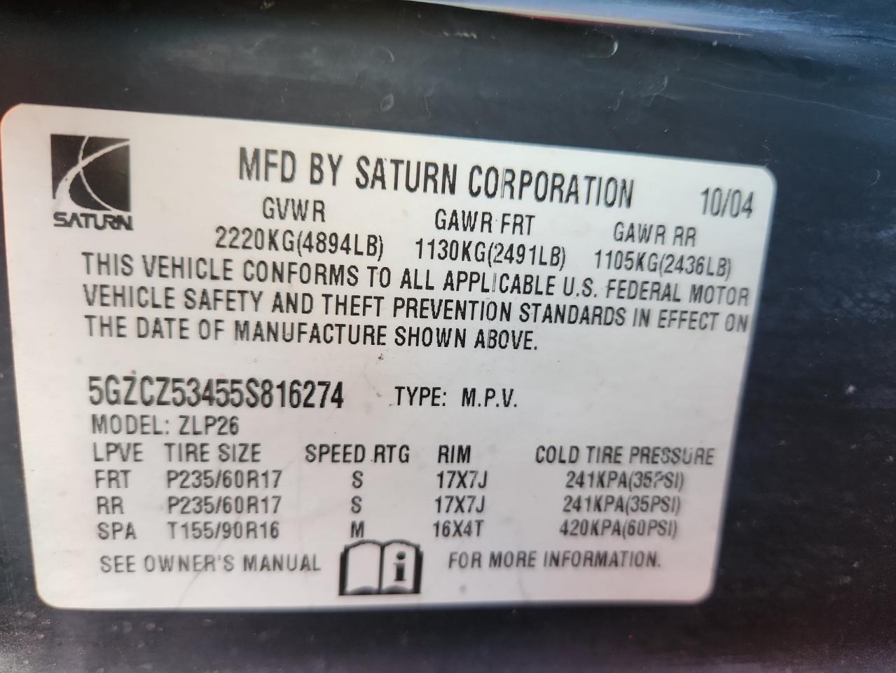 2005 Saturn Vue VIN: 5GZCZ53455S816274 Lot: 84631505