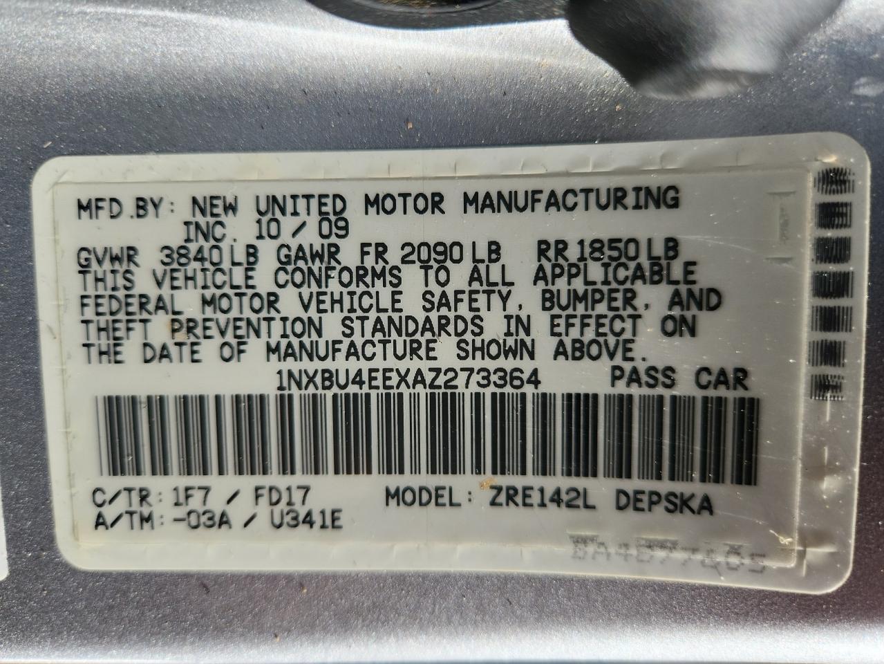 2010 Toyota Corolla Base VIN: 1NXBU4EEXAZ273364 Lot: 84199925
