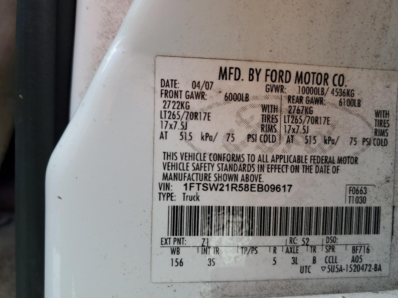 2008 Ford F250 Super Duty VIN: 1FTSW21R58EB09617 Lot: 81612535
