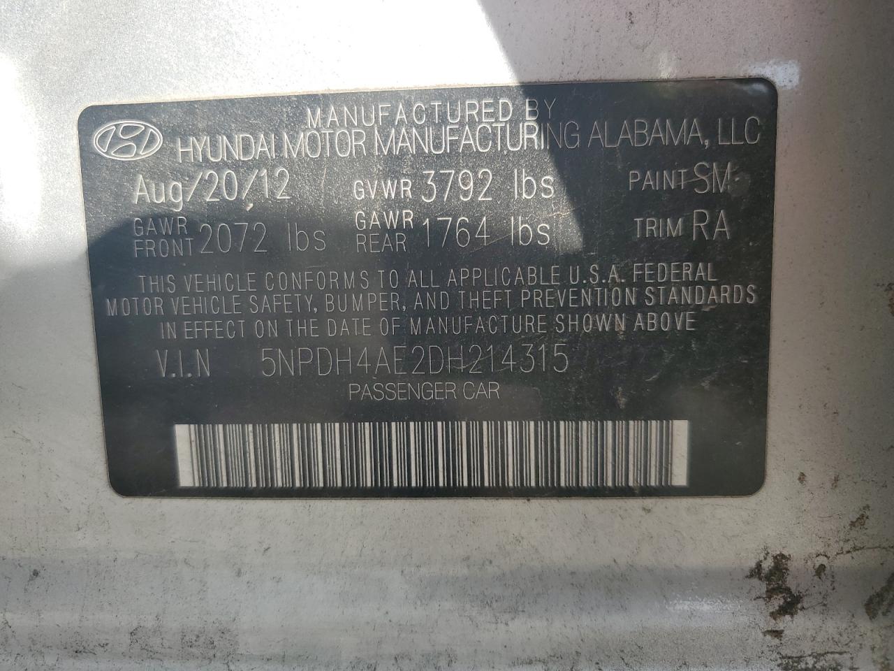 2013 Hyundai Elantra Gls VIN: 5NPDH4AE2DH214315 Lot: 72008295