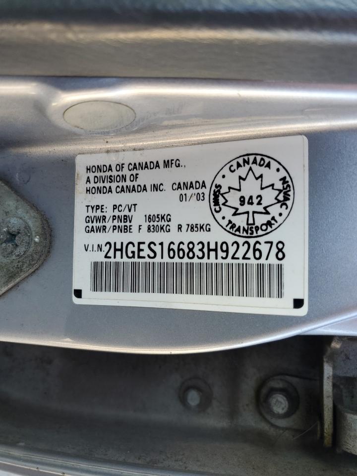 2003 Honda Civic Lx VIN: 2HGES16683H922678 Lot: 84232785