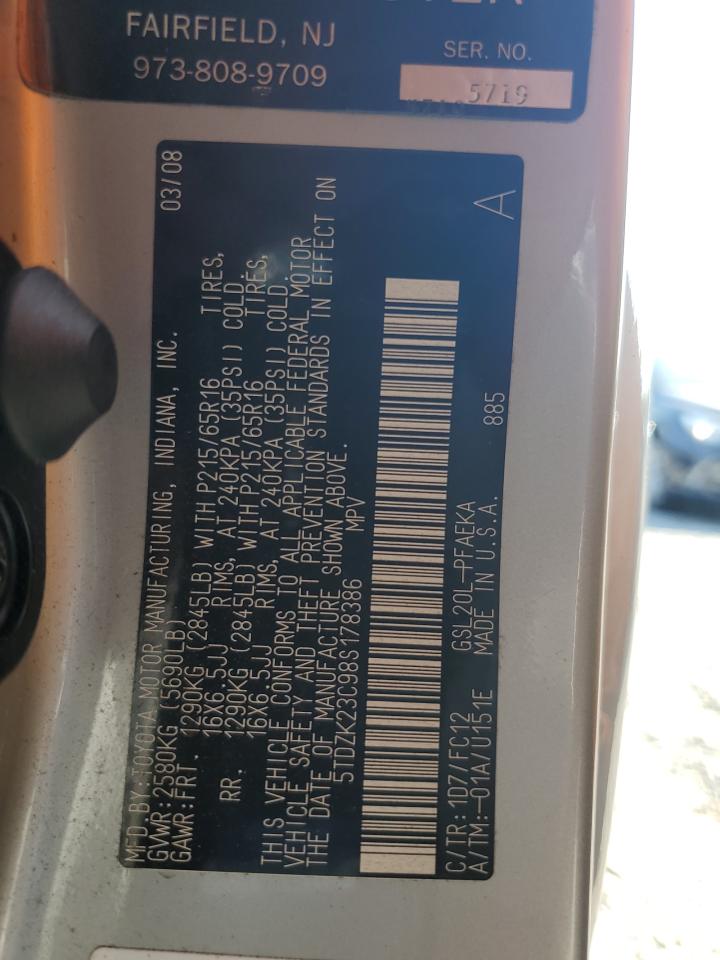 2008 Toyota Sienna Ce VIN: 5TDZK23C98S178386 Lot: 80382765