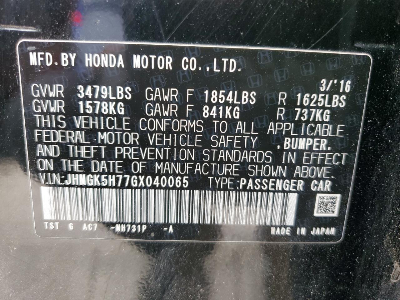 2016 Honda Fit Ex VIN: JHMGK5H77GX040065 Lot: 82043535