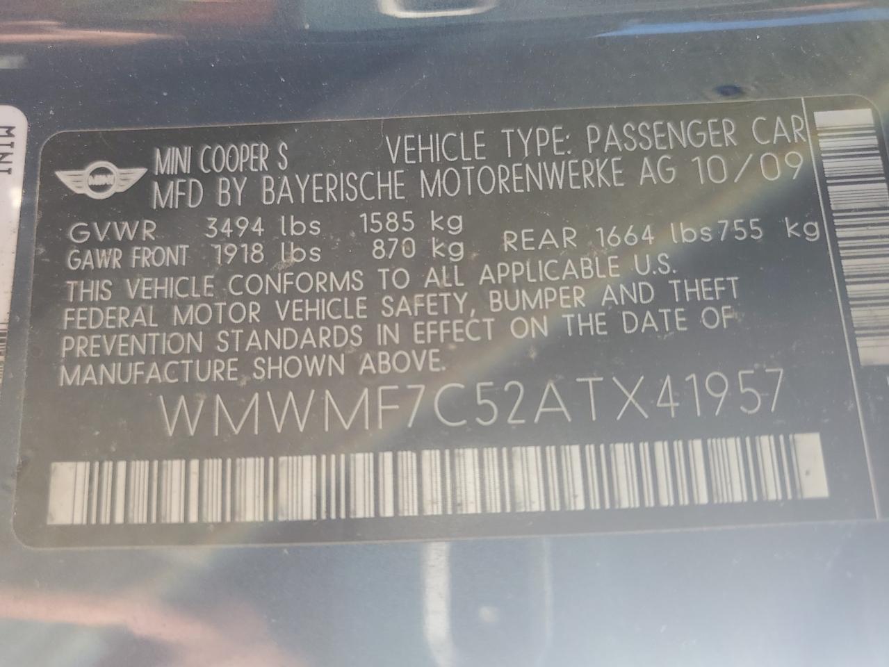 2010 Mini Cooper S VIN: WMWMF7C52ATX41957 Lot: 84436445