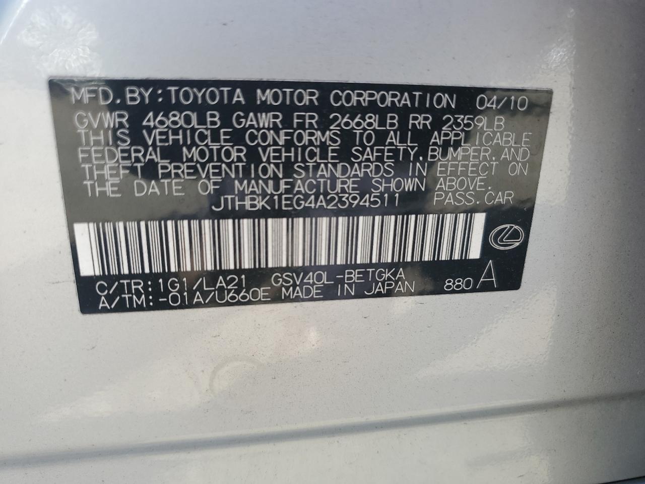 2010 Lexus Es 350 VIN: JTHBK1EG4A2394511 Lot: 80363105