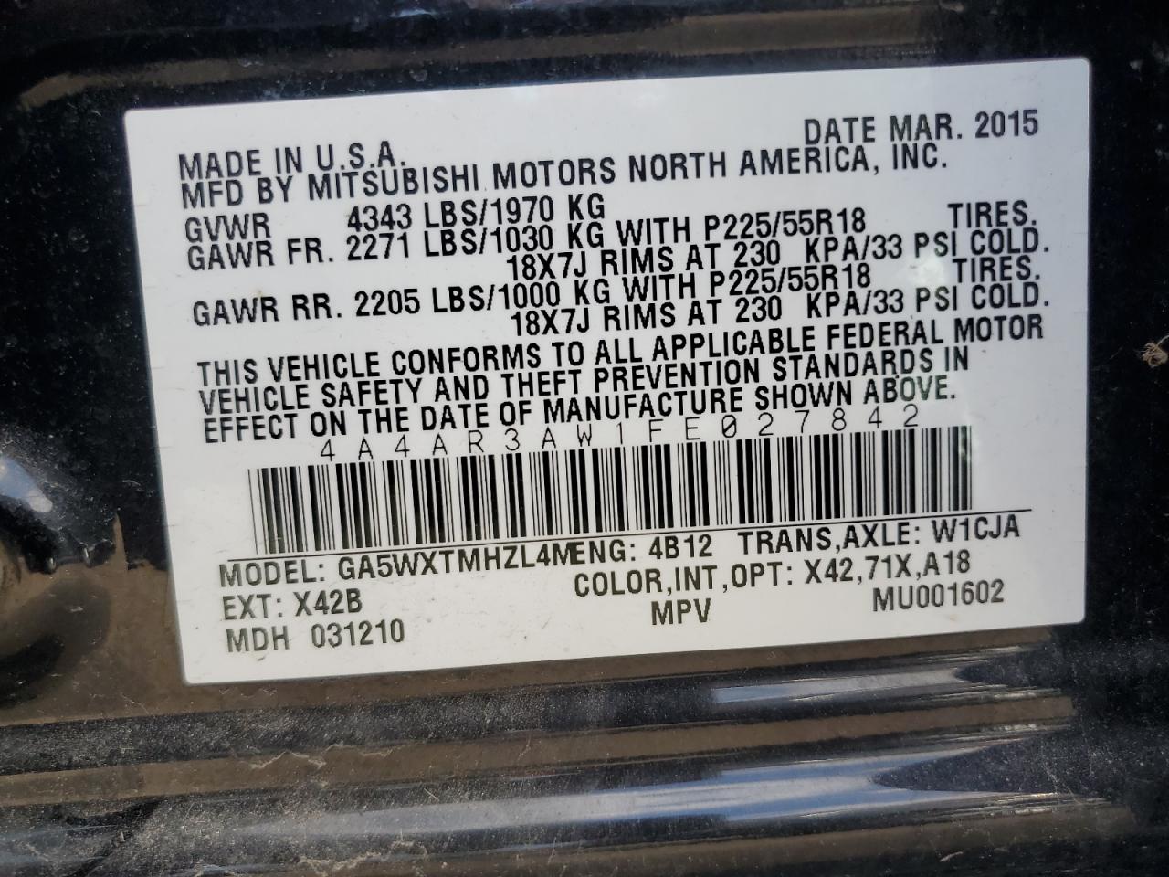 2015 Mitsubishi Outlander Sport Es VIN: 4A4AR3AW1FE027842 Lot: 80357505