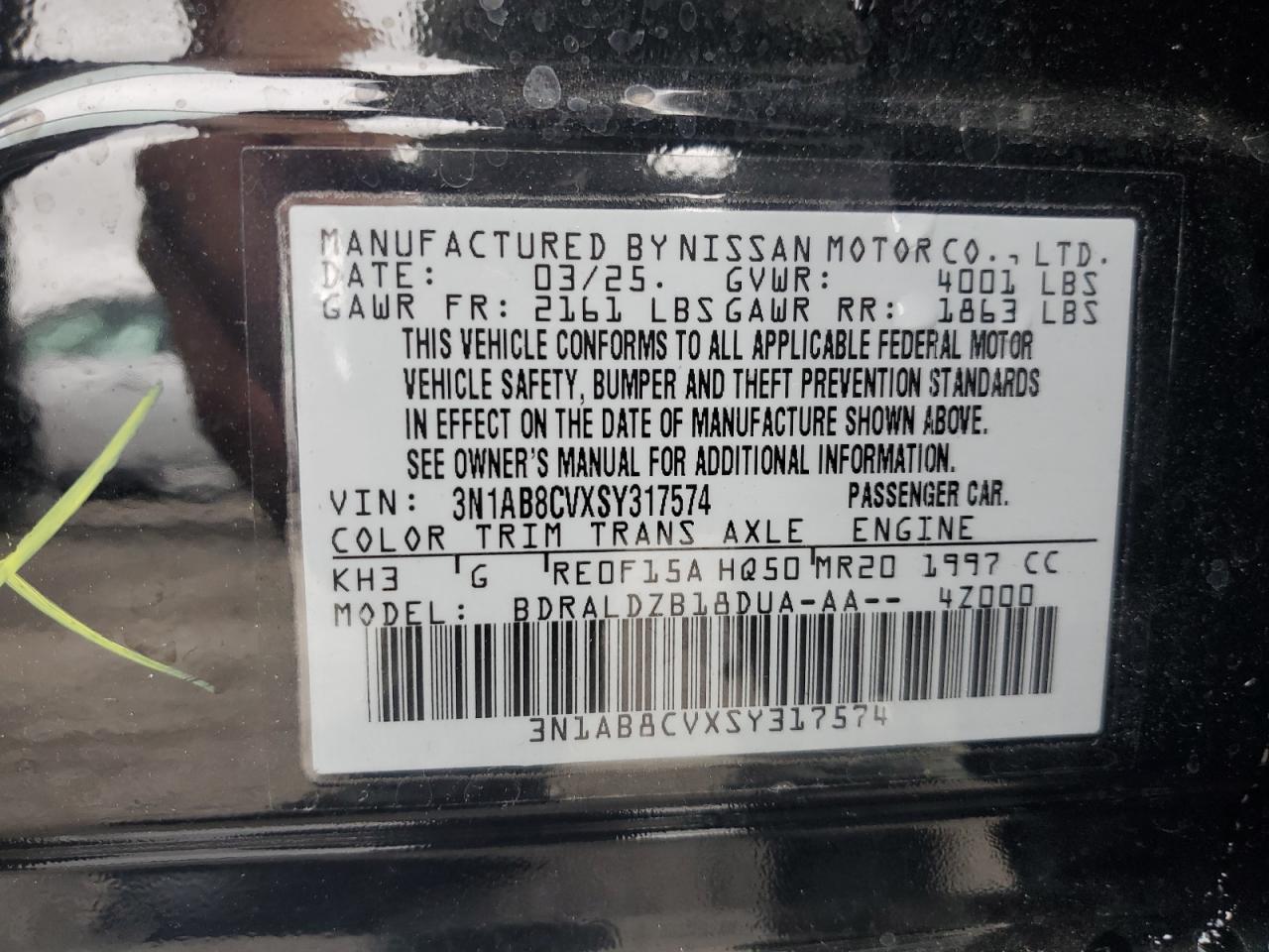 2025 Nissan Sentra Sv VIN: 3N1AB8CVXSY317574 Lot: 81428515