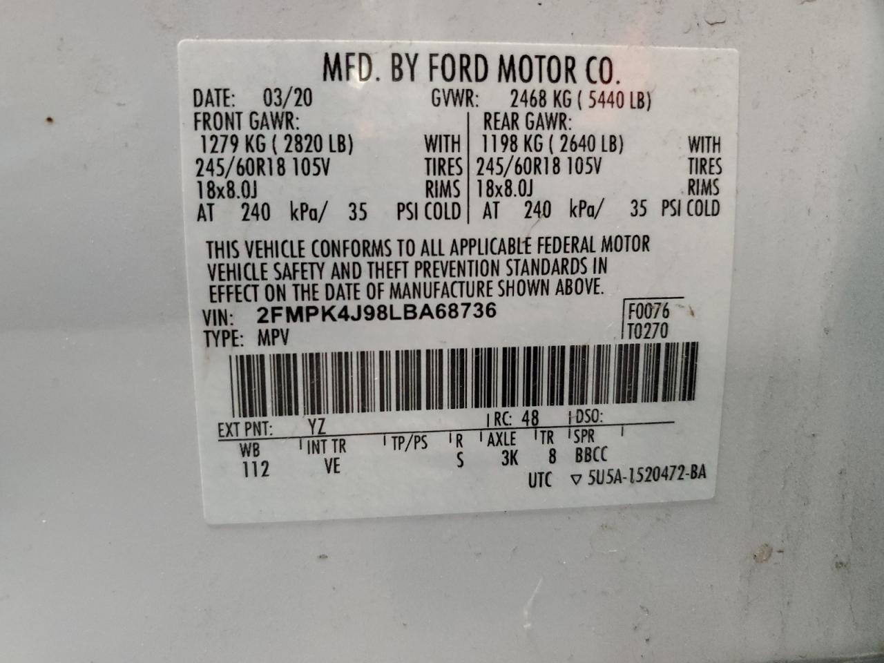 2020 Ford Edge Sel VIN: 2FMPK4J98LBA68736 Lot: 80497475
