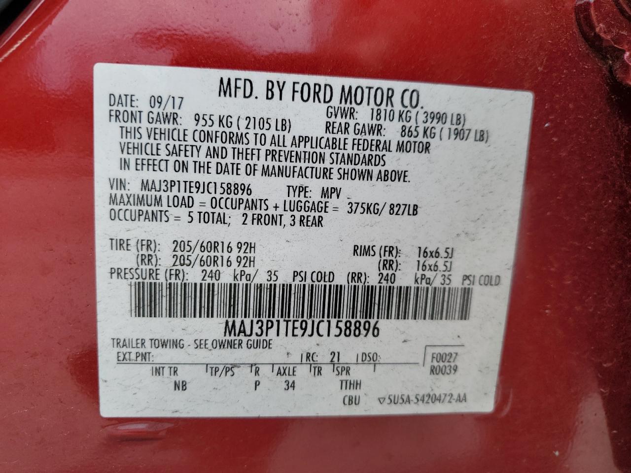 2018 Ford Ecosport Se VIN: MAJ3P1TE9JC158896 Lot: 82045115