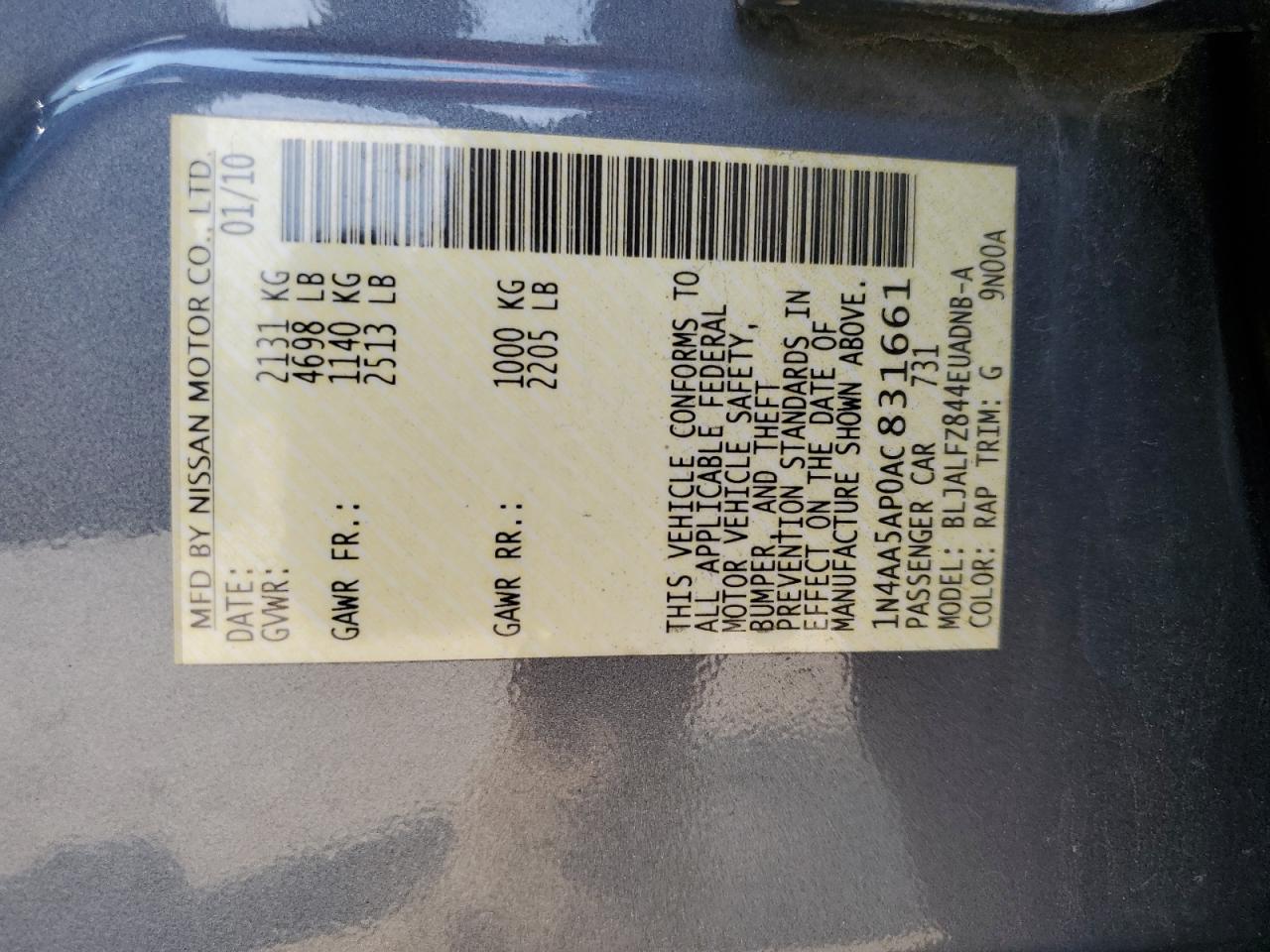 2010 Nissan Maxima S VIN: 1N4AA5AP0AC831661 Lot: 81137515