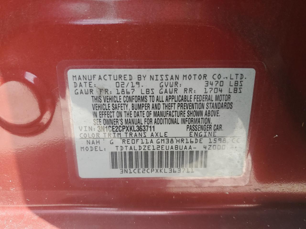 2019 Nissan Versa Note S VIN: 3N1CE2CPXKL363711 Lot: 84578425