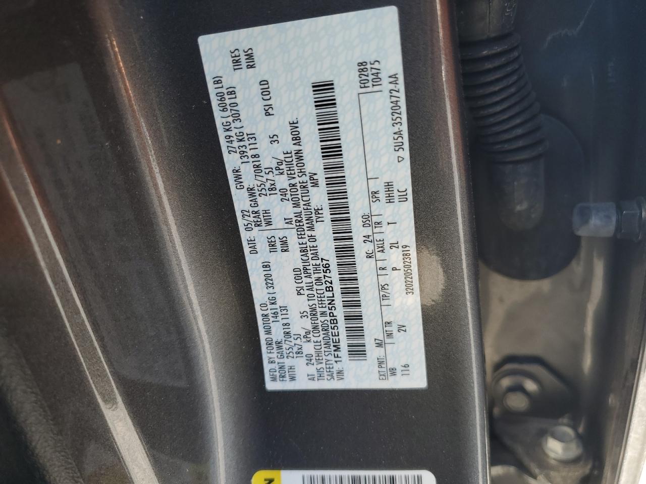 2022 Ford Bronco Base VIN: 1FMEE5BP5NLB27567 Lot: 81724825
