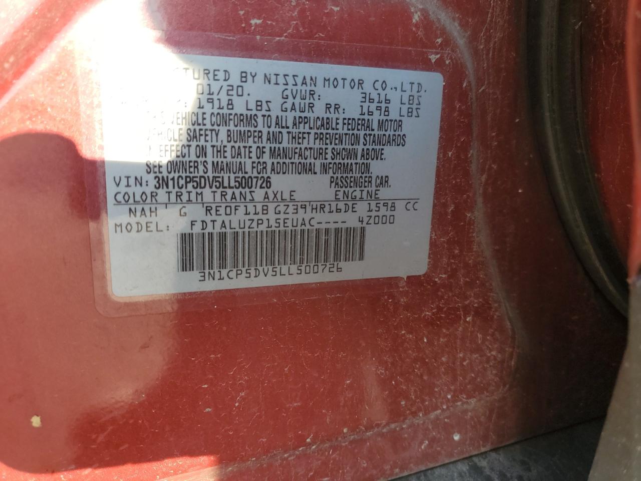 2020 Nissan Kicks Sr VIN: 3N1CP5DV5LL500726 Lot: 80992875