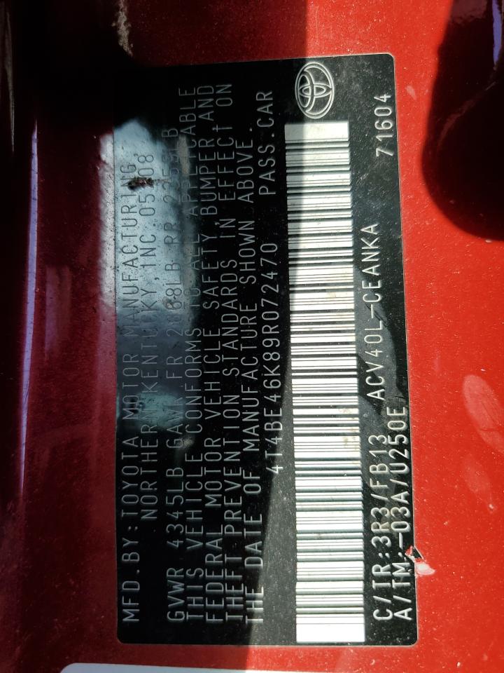 2009 Toyota Camry Base VIN: 4T4BE46K89R072470 Lot: 84461175