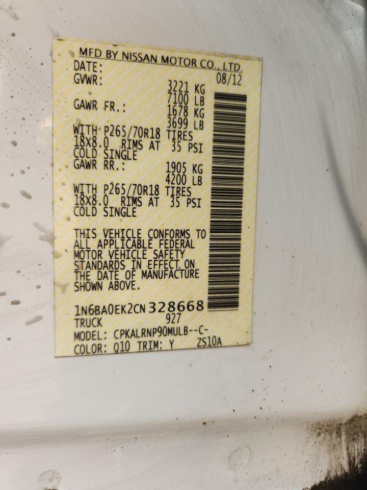 2012 Nissan Titan S VIN: 1N6BA0EK2CN328668 Lot: 71738925