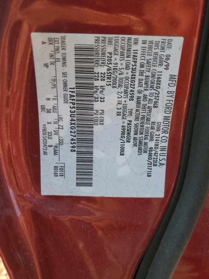 1999 Ford Taurus Se VIN: 1FAFP53U4XG274598 Lot: 81058335