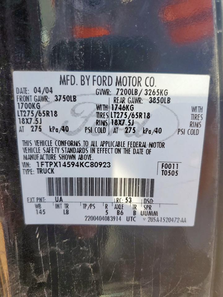 2004 Ford F150 VIN: 1FTPX14594KC80923 Lot: 71976655