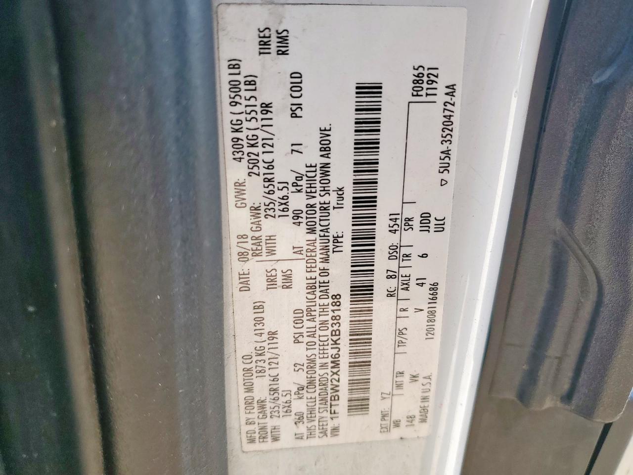 2018 Ford Transit T-350 VIN: 1FTBW2XM6JKB38188 Lot: 72031625