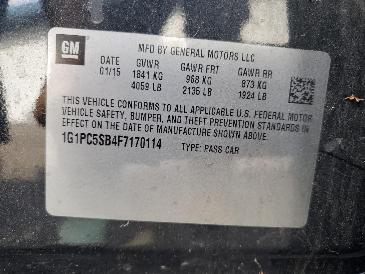 2015 Chevrolet Cruze Lt VIN: 1G1PC5SB4F7170114 Lot: 81396795