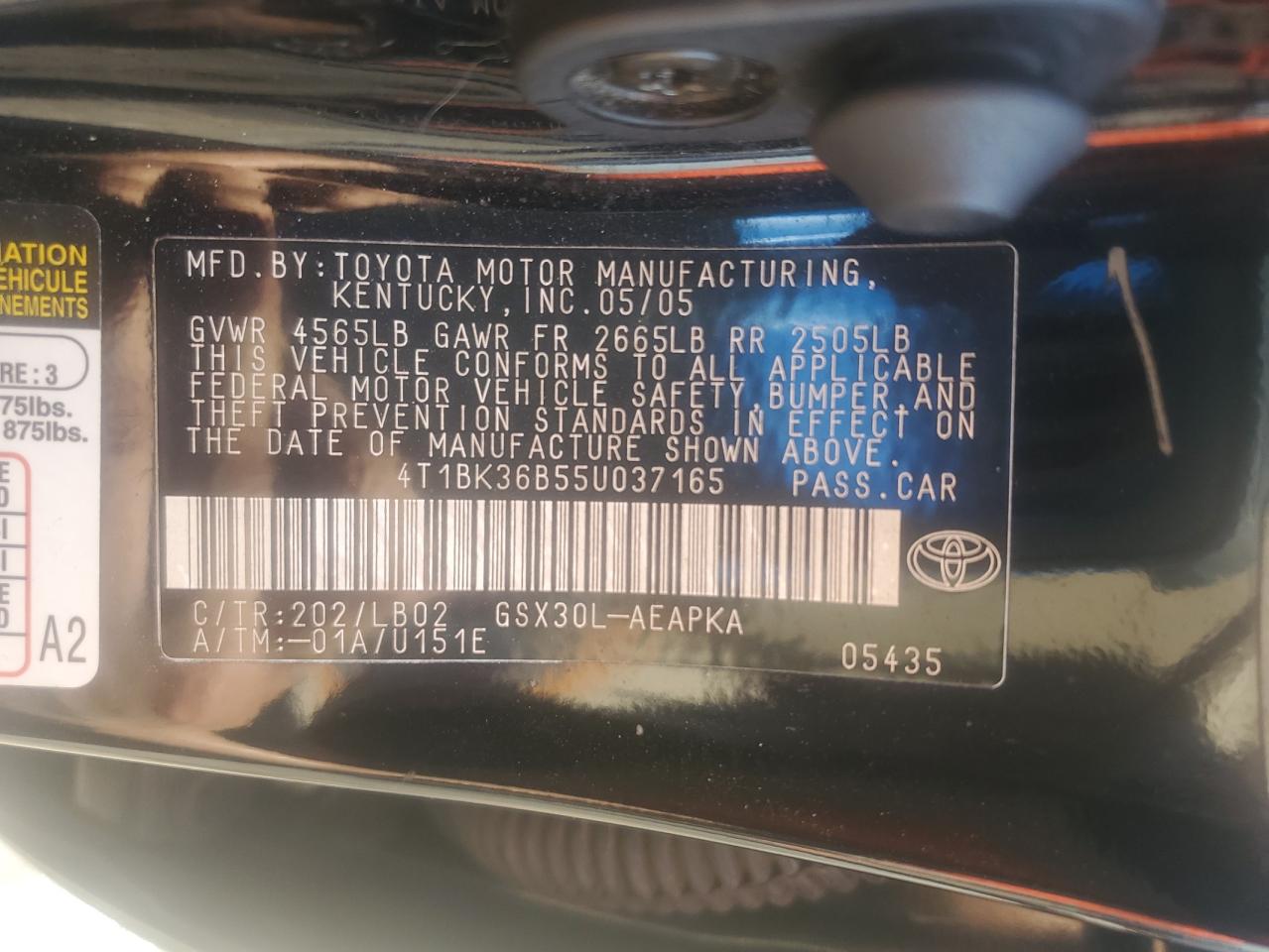 2005 Toyota Avalon Xl VIN: 4T1BK36B55U037165 Lot: 80844965