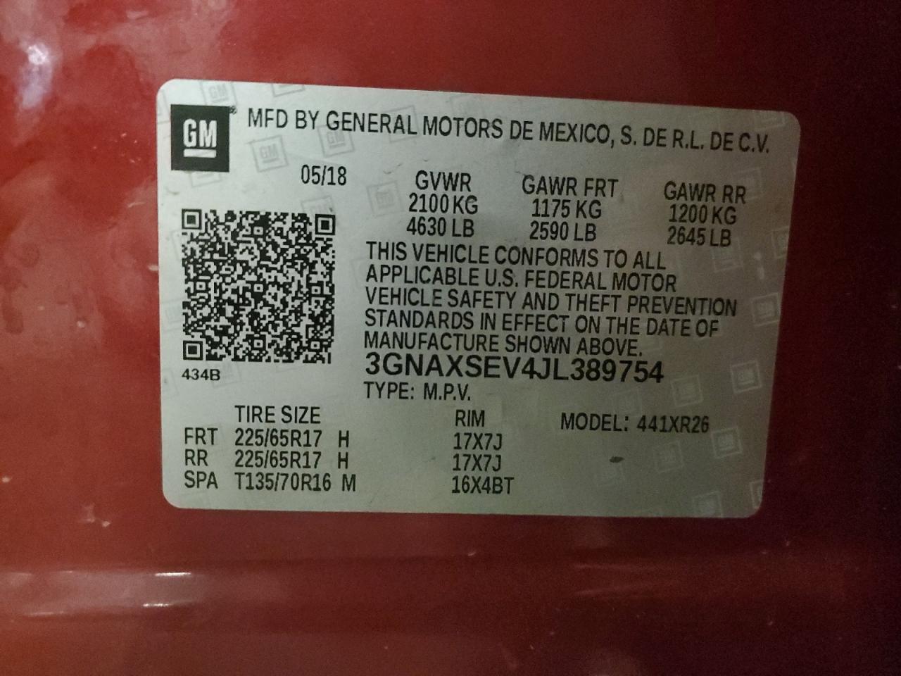 2018 Chevrolet Equinox Lt VIN: 3GNAXSEV4JL389754 Lot: 84575765