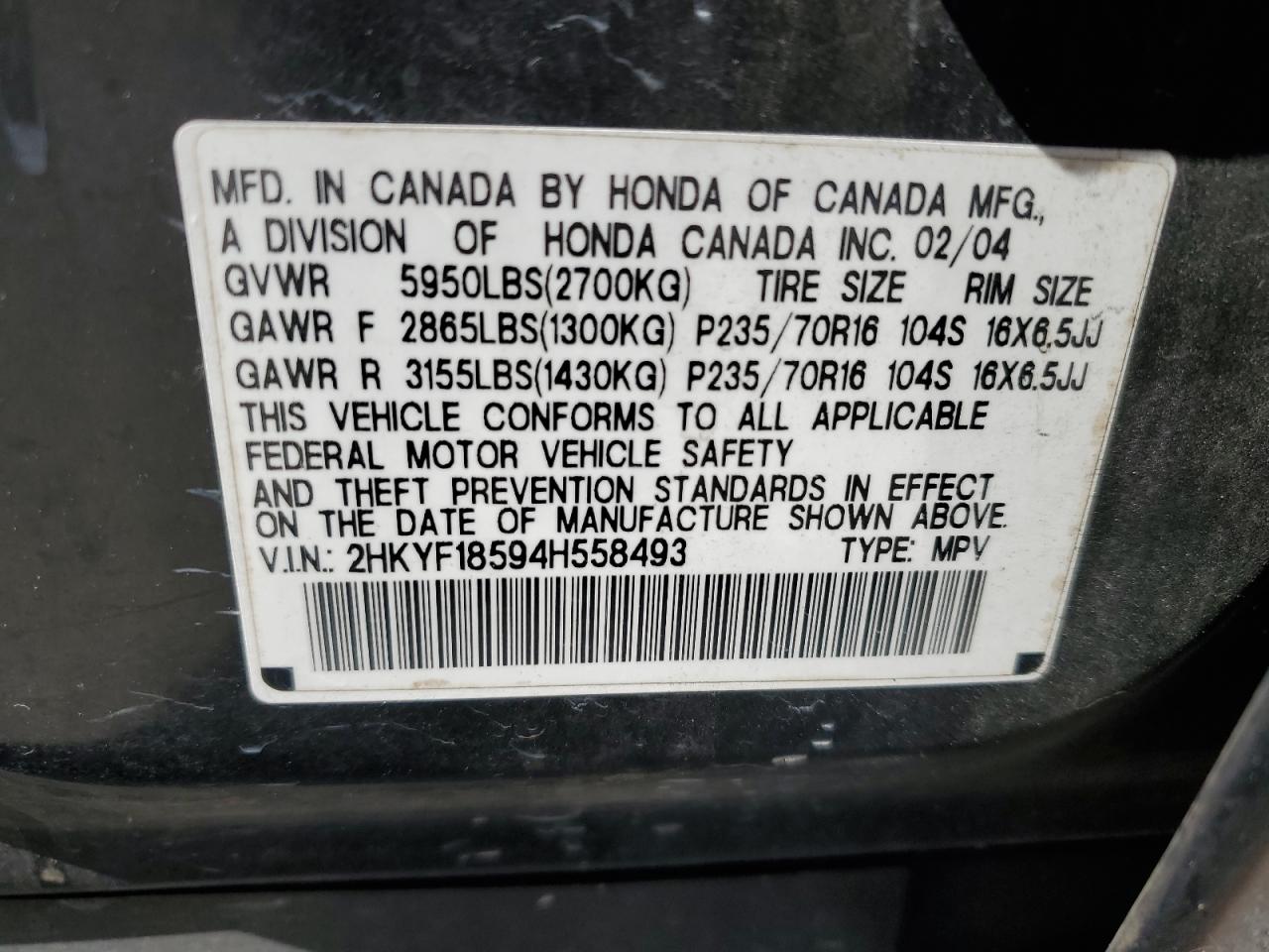 2004 Honda Pilot Exl VIN: 2HKYF18594H558493 Lot: 80938495