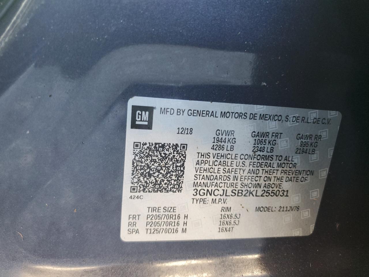 2019 Chevrolet Trax 1Lt VIN: 3GNCJLSB2KL255031 Lot: 71372315