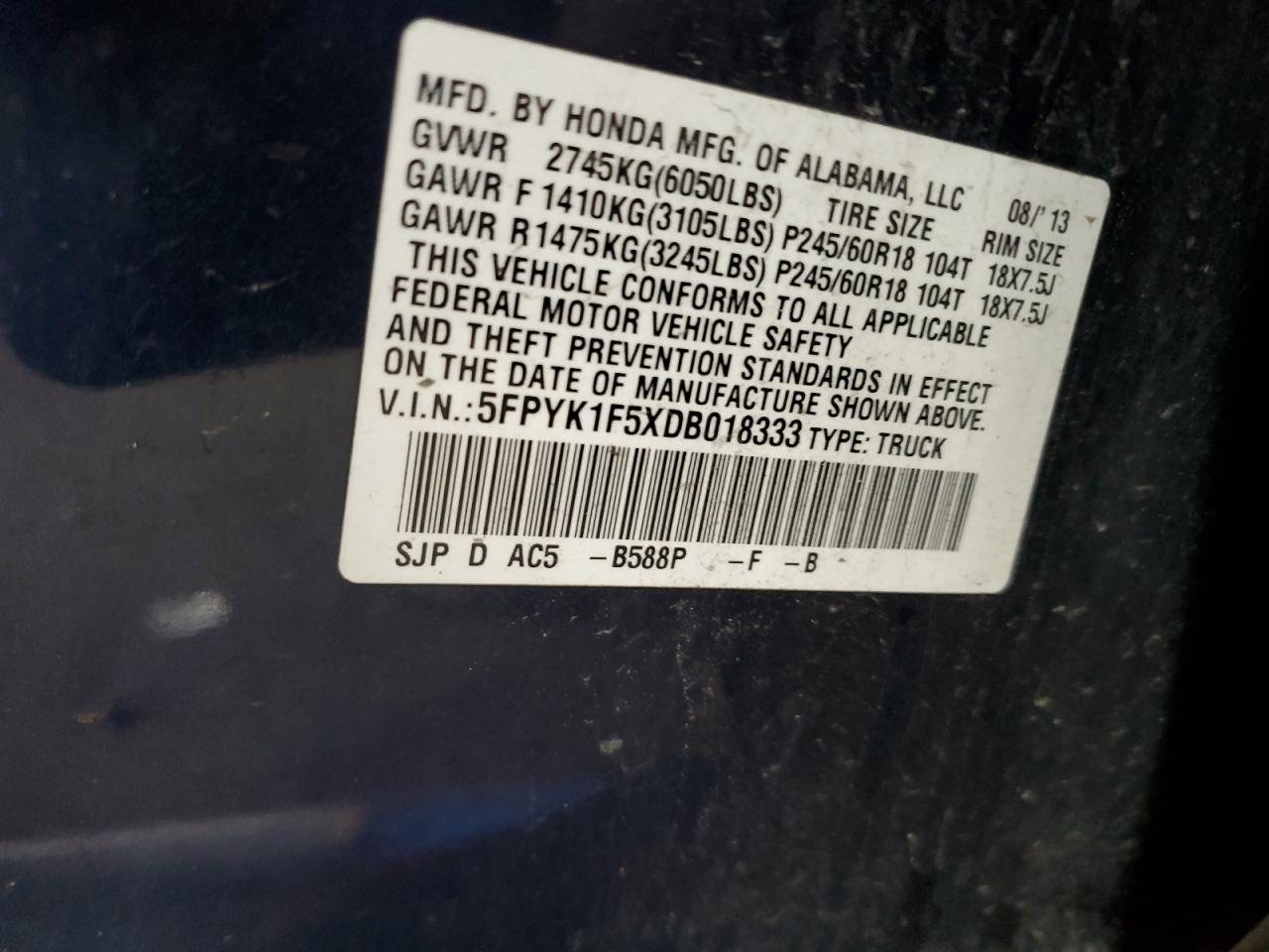 2013 Honda Ridgeline Rtl VIN: 5FPYK1F5XDB018333 Lot: 71093375