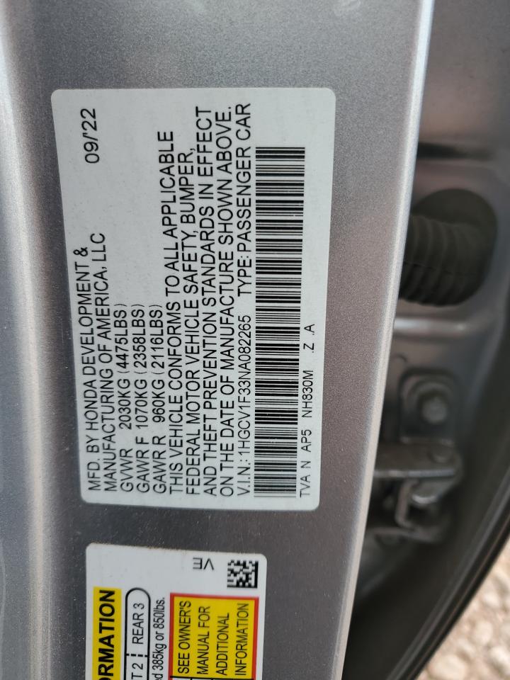 2022 Honda Accord Sport VIN: 1HGCV1F33NA082265 Lot: 71068205
