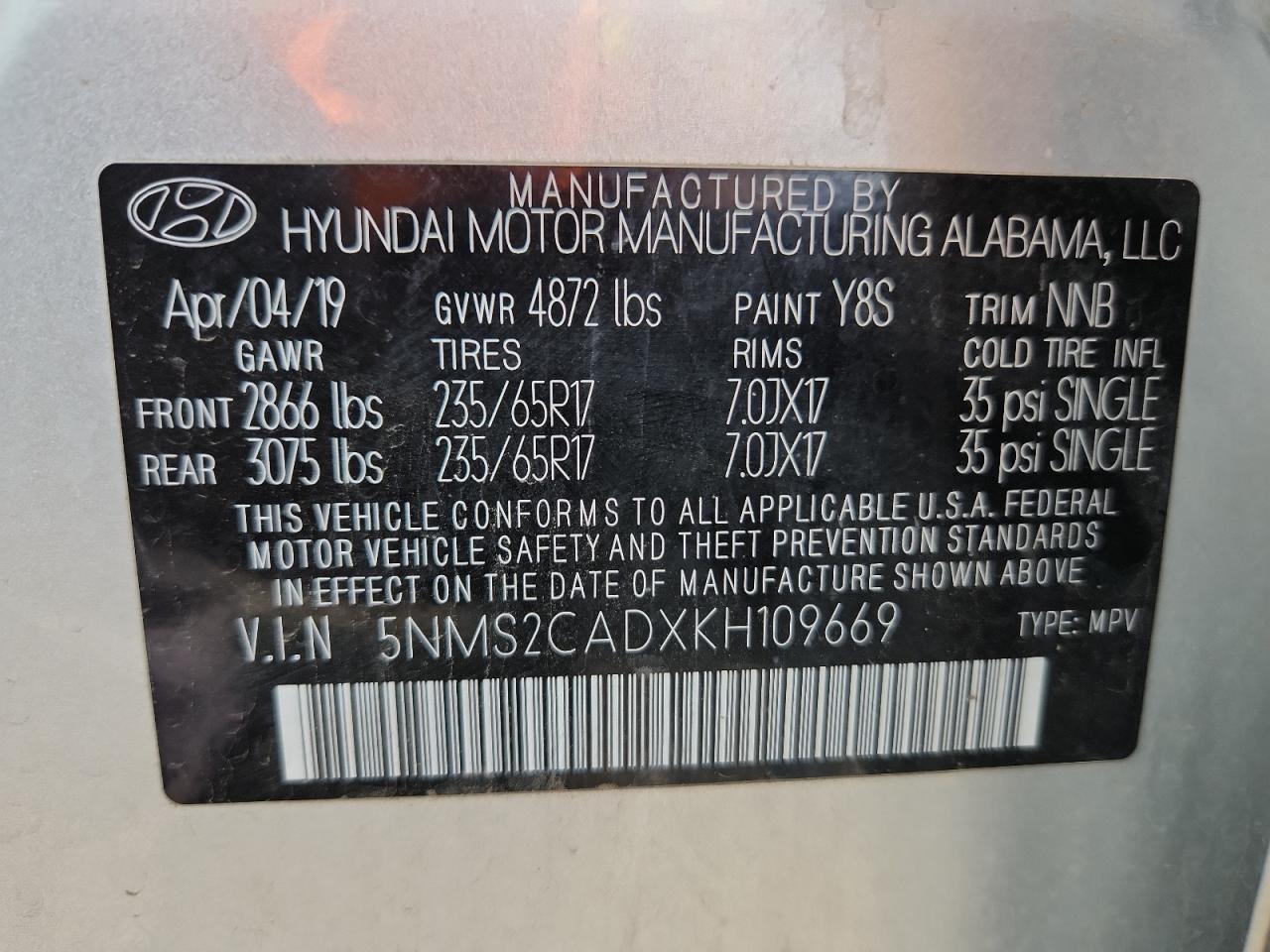 2019 Hyundai Santa Fe Se VIN: 5NMS2CADXKH109669 Lot: 81321095