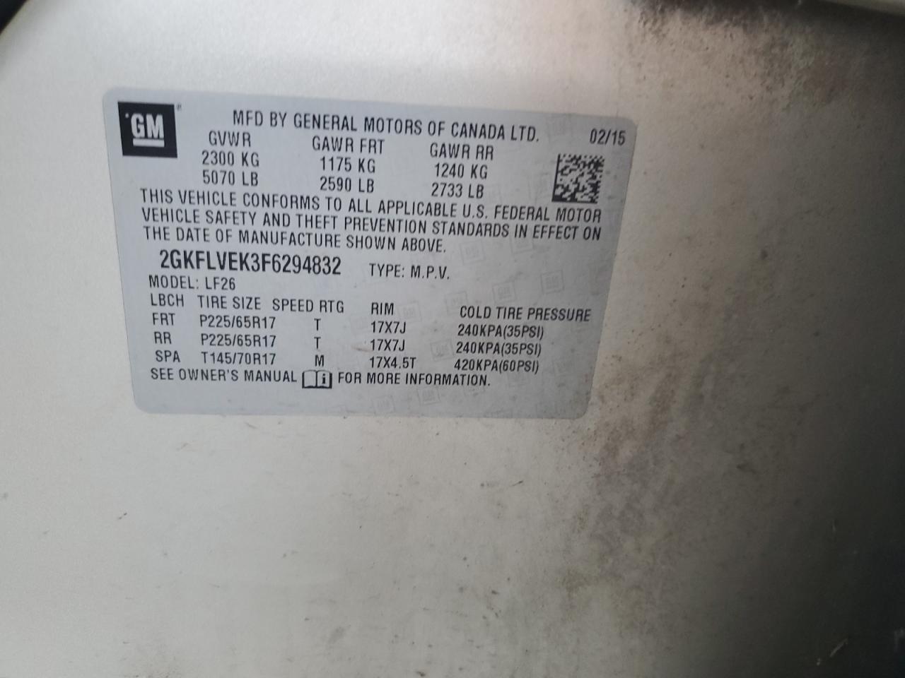 2015 GMC Terrain Sle VIN: 2GKFLVEK3F6294832 Lot: 81199995