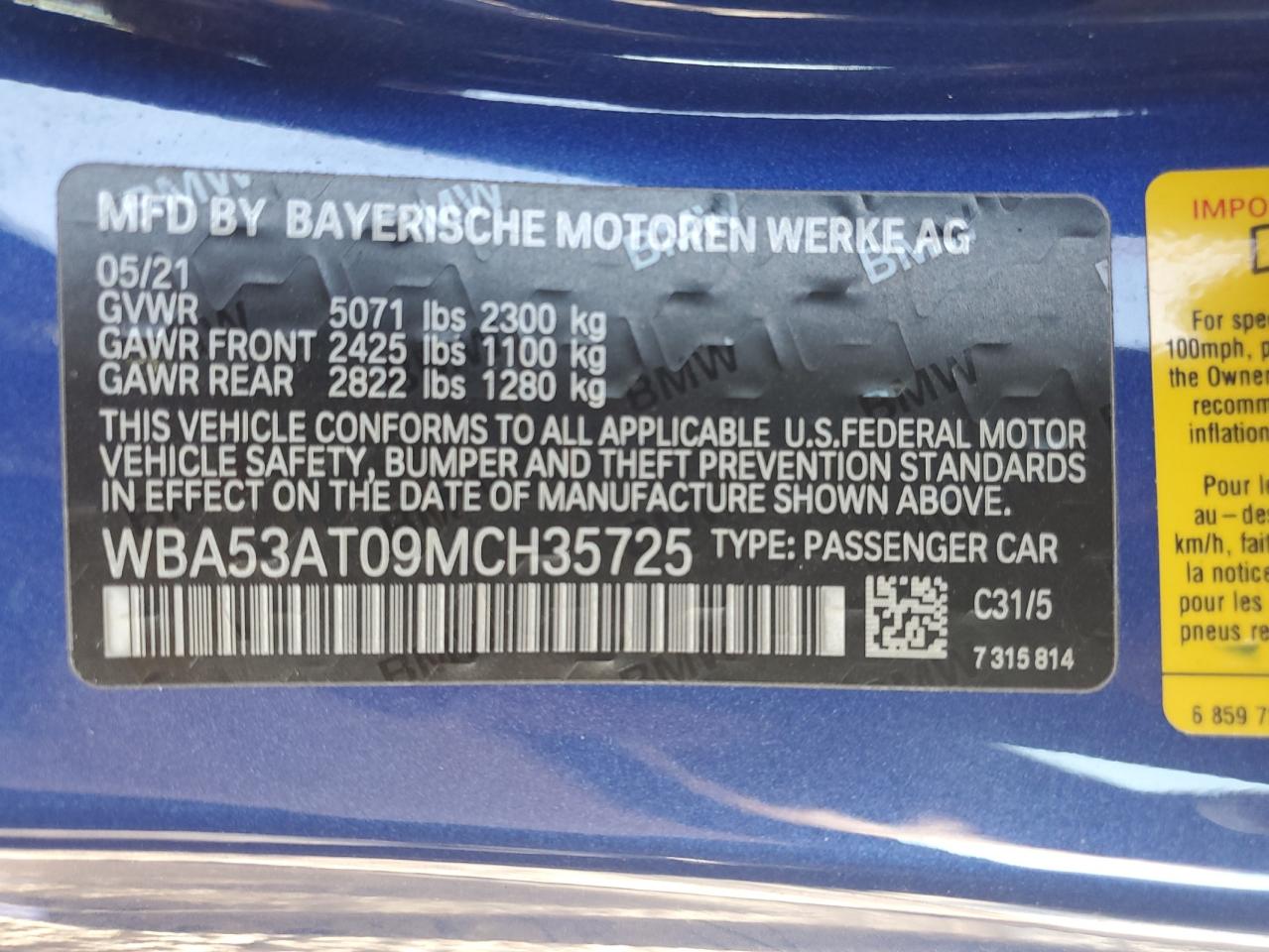 2021 BMW M440I VIN: WBA53AT09MCH35725 Lot: 70726815